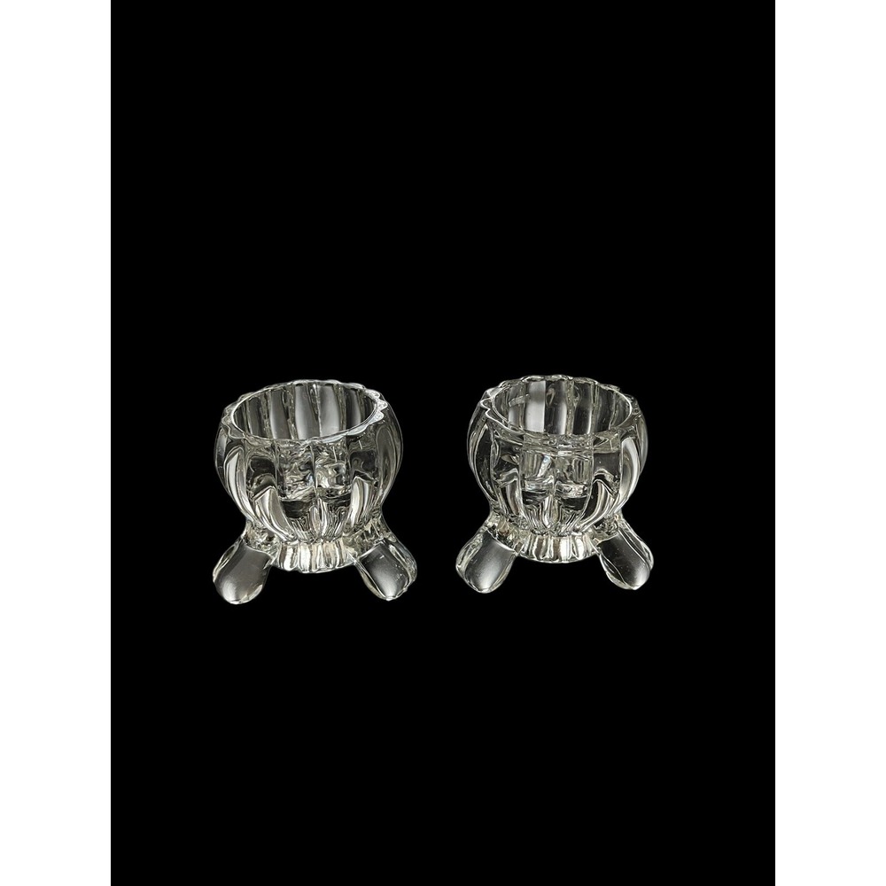 Set Of 2 Jeannette Glassâ National Clear 3" 3 Toed Candlestick Candle Holders